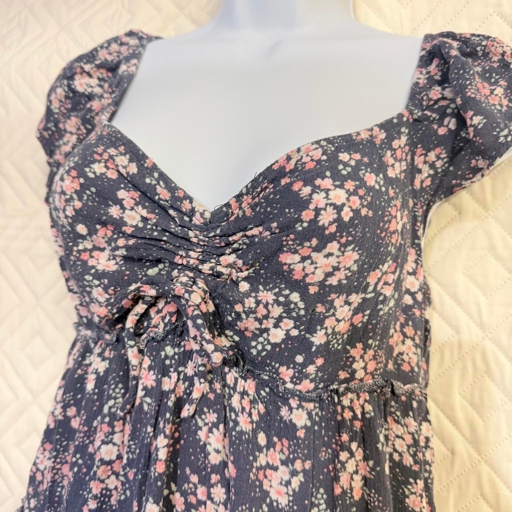 RSQ Womens XL Babydoll Dress Navy Blue Floral Tiered Sweetheart Mini
